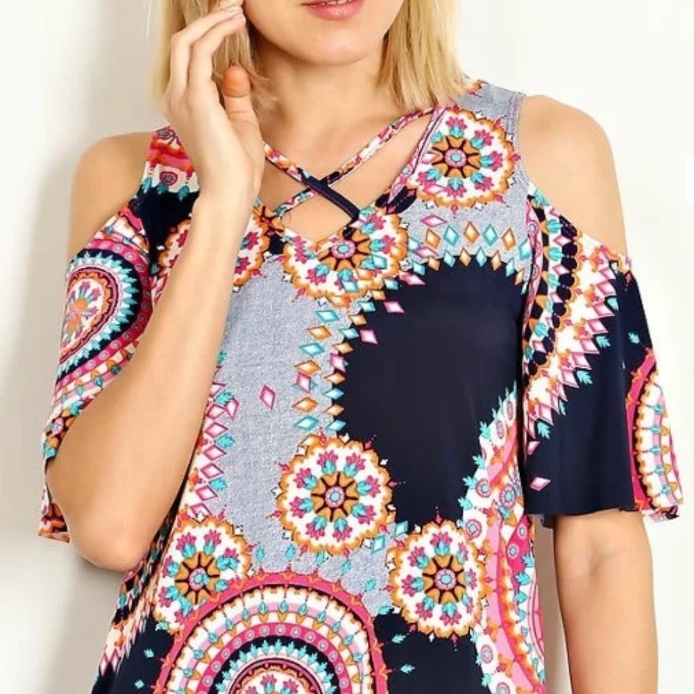Navy cold shoulder top with circular designs